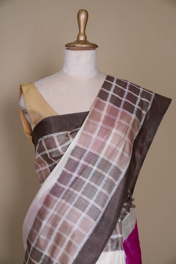 Coffee Chex Tri Colour Chex Tussar South Silk Saree