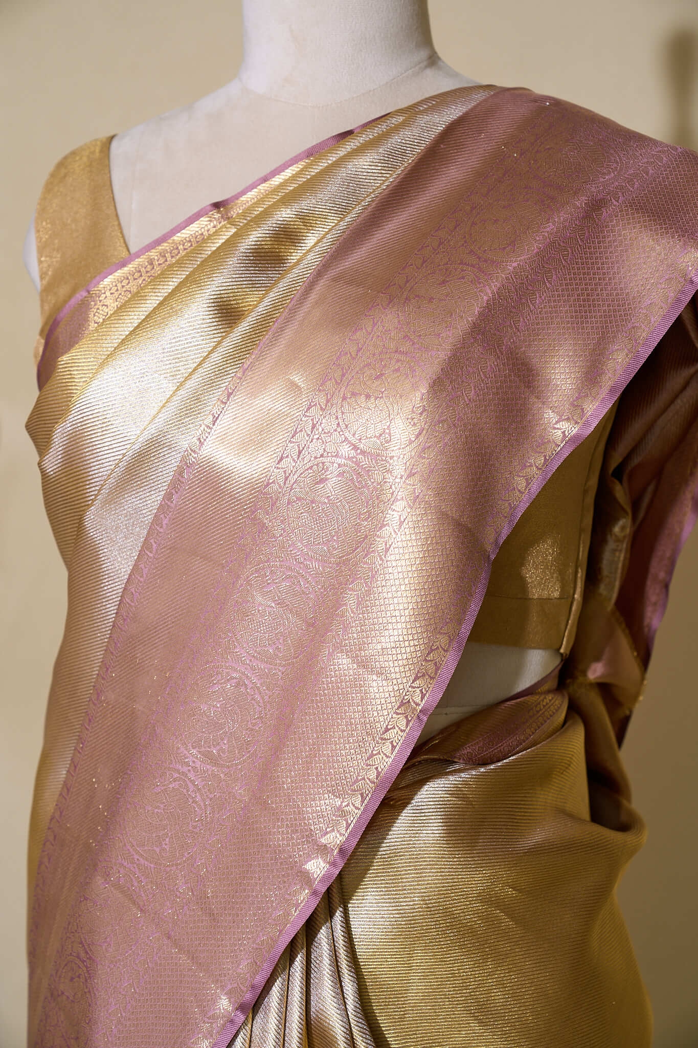 Gold With Lilac Pallu Border South Brocade Silk Saree