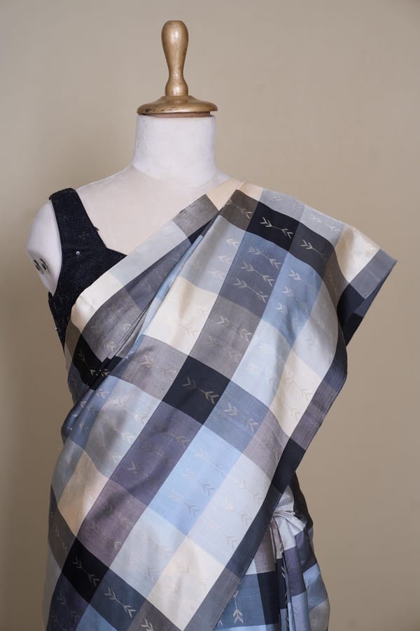 Grey Black Cream Tri Colour Stripe South Soft Silk Saree