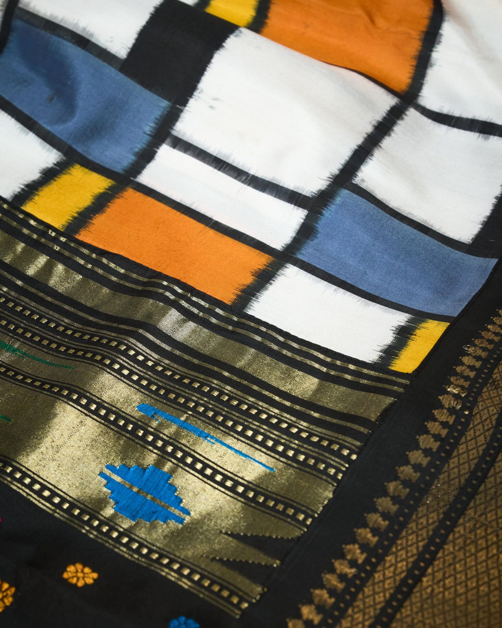 Geometric Double-Ikat Patola with Black Paithani Paithani Pallu & Border Signature Saree