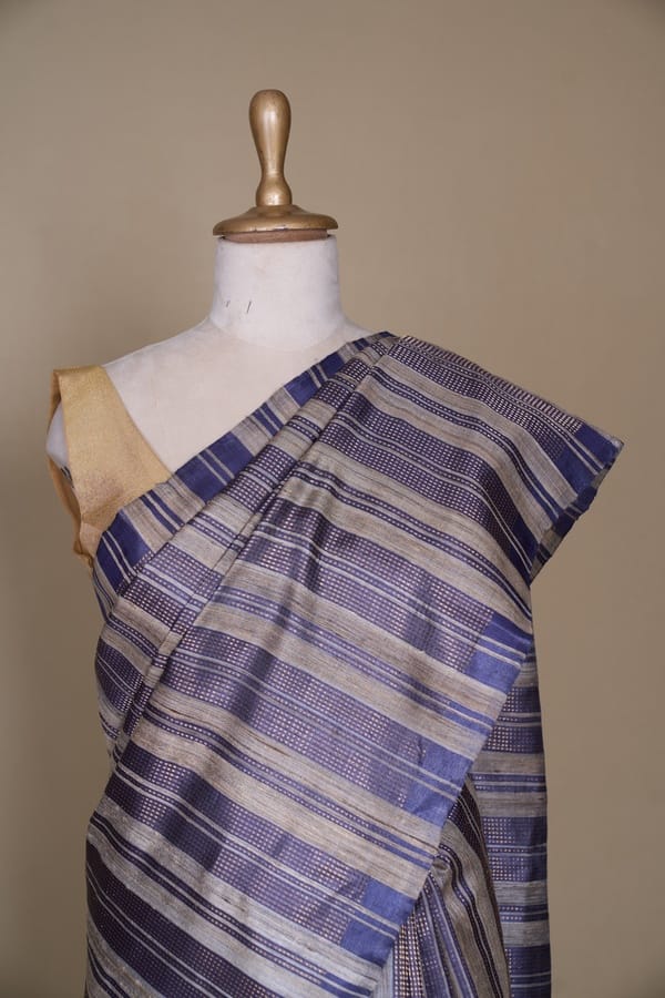 Indigo Blue And Dusty Cream Stripe Tussar South Silk Saree