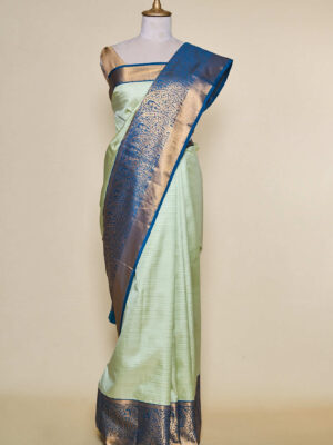 Mint Green With Garnet Blue Border Kanchipuram Silk Saree