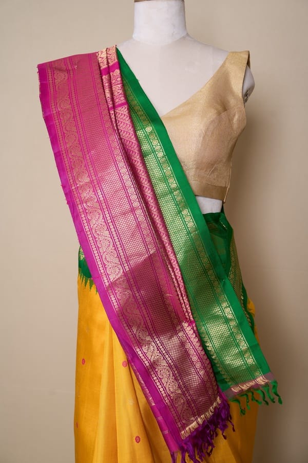 Mustered Pink Butti Gadhwal Silk Saree