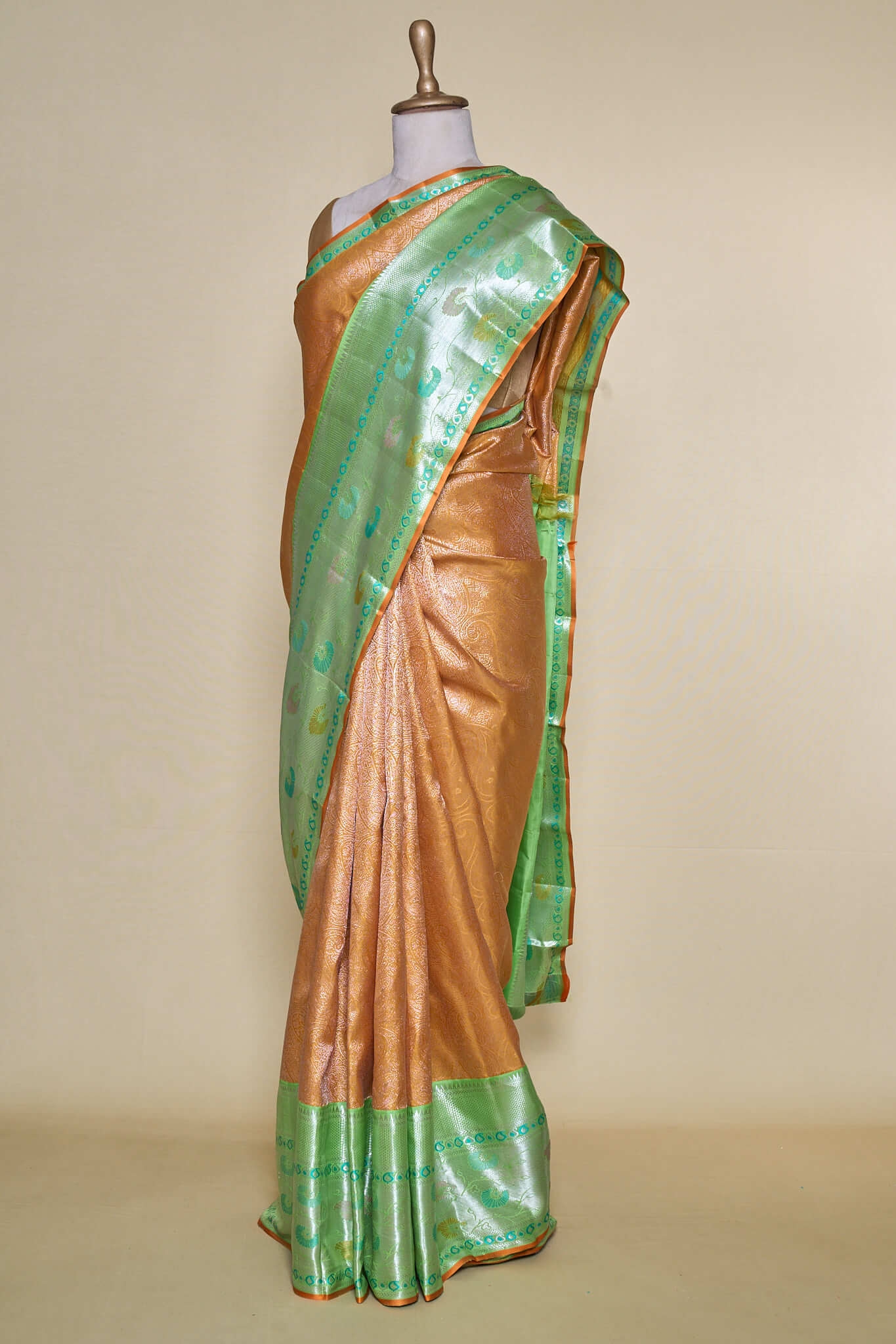 Occur Mustard With Lyril Green Border Jamewari Kanchipuram Silk Saree
