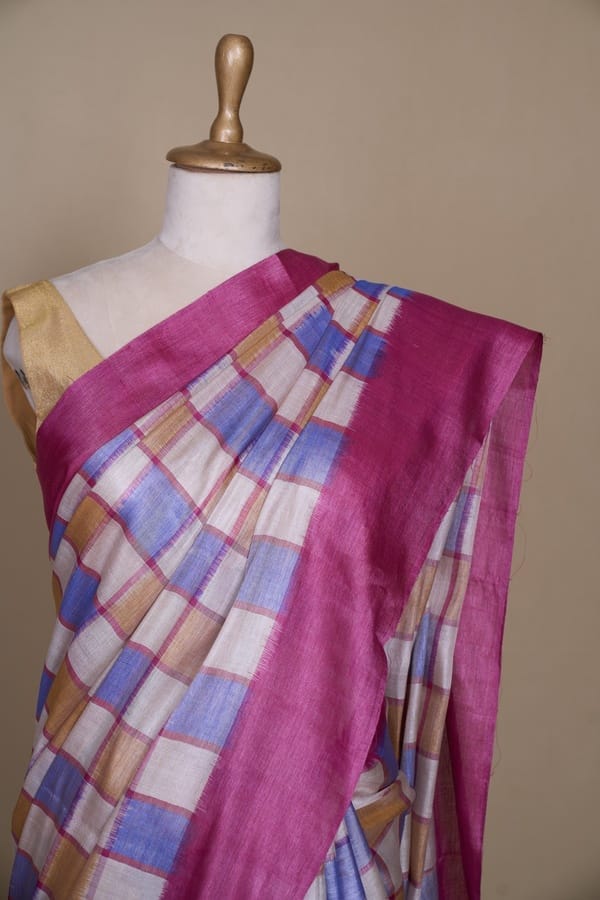 Onion Multi Chex Tussar South Silk Saree