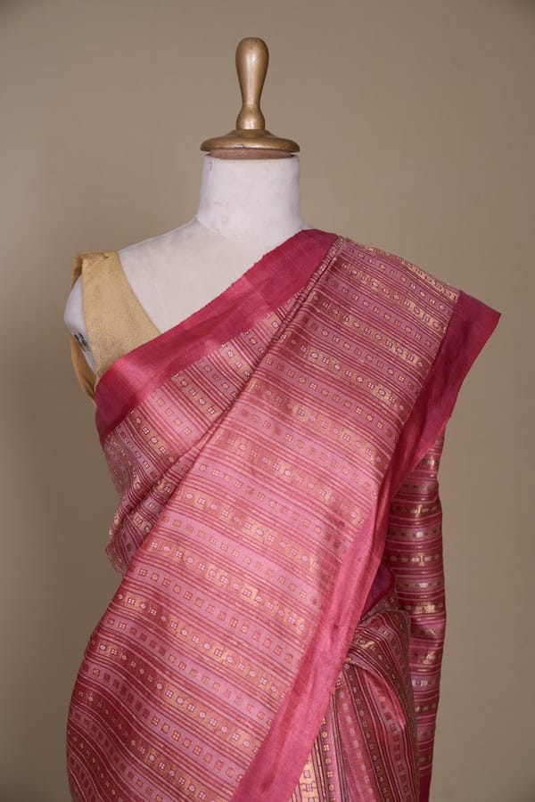 Onion Pink Zari Stripe Tussar South Silk Saree