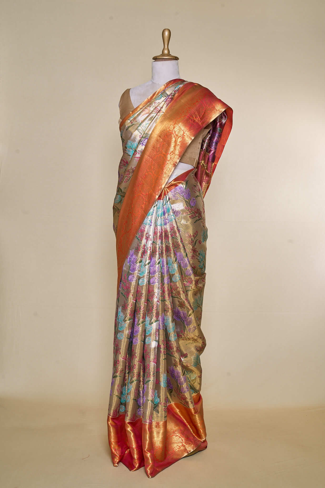 Orange Border Flower Jaal South Brocade Silk Saree
