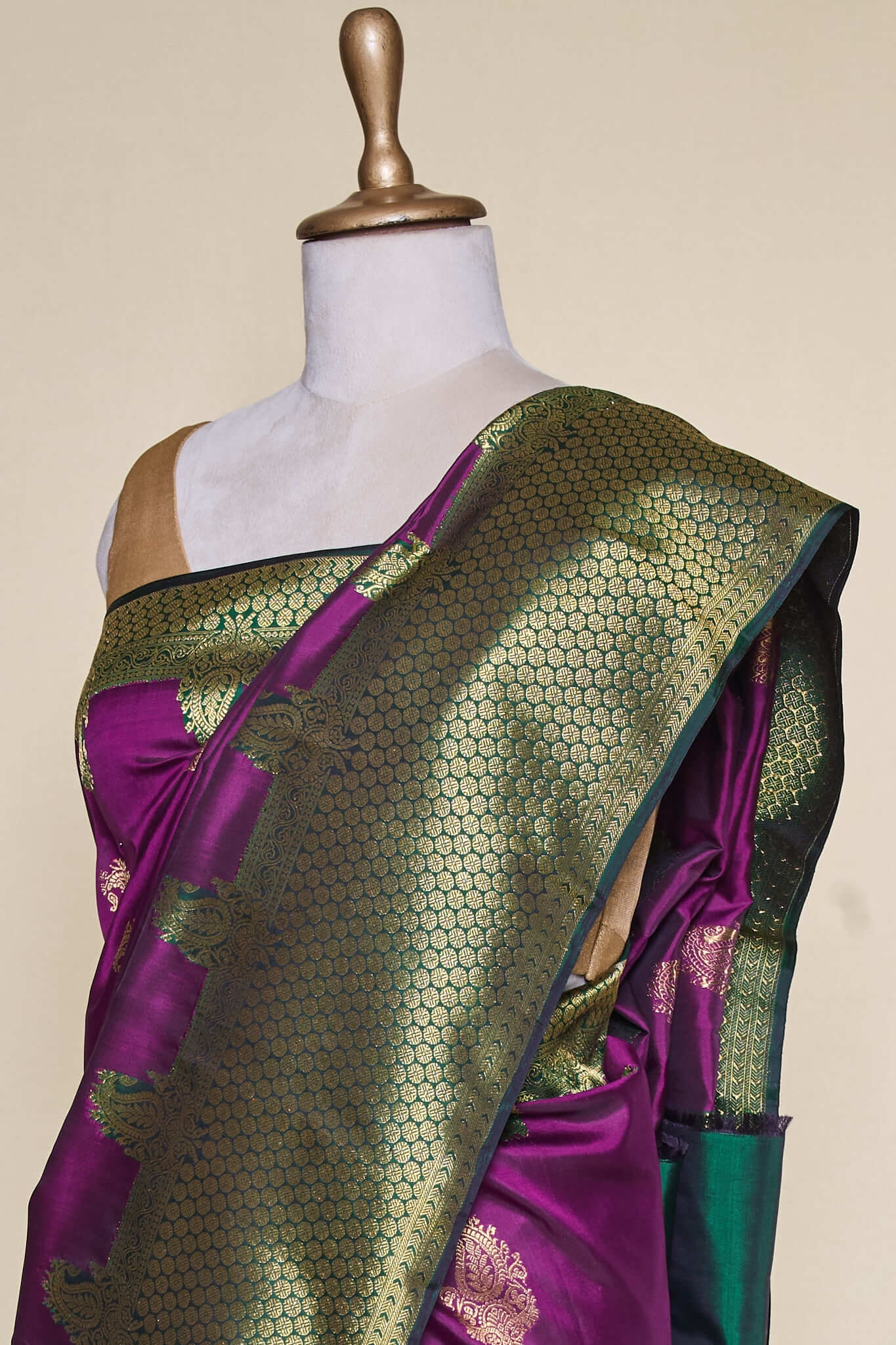Purple with Green Turning Border Kanchipuram Real Zari Silk Saree