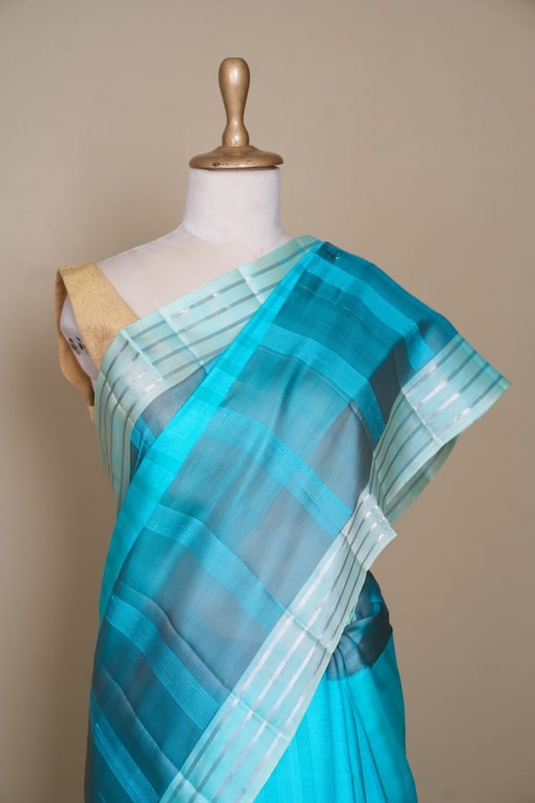 Rama Grey Tri Colour South Kora Silk Saree