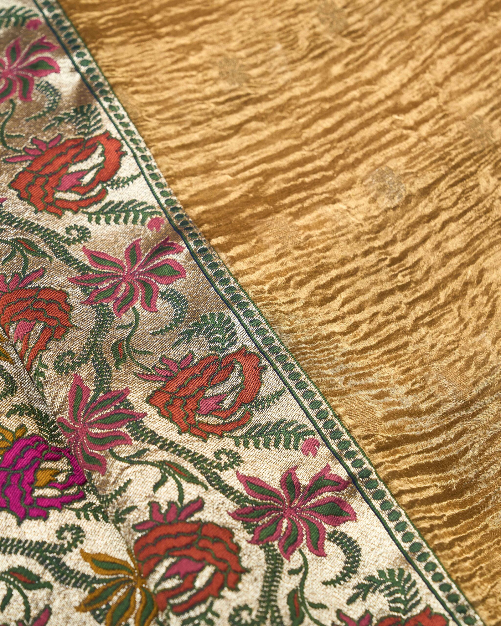 Golden Red Shade Crush Tissue with Blue Banarasi Georgette Pallu & Border Signature Silk Saree