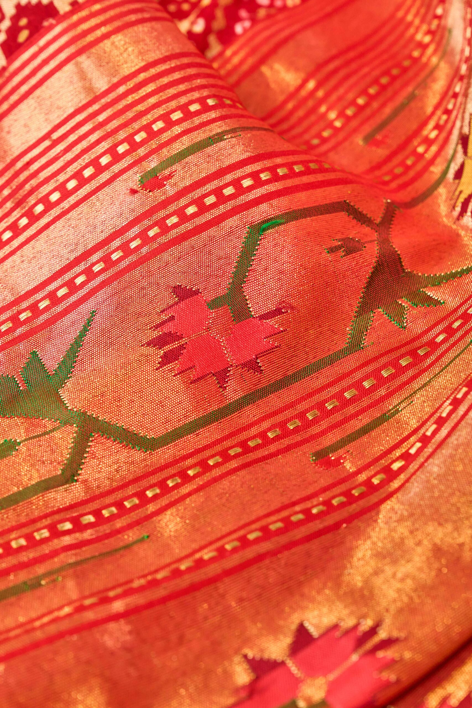 Red Bandhani & Orange Paithani Pallu & Border with Ashavali Butta Signature Silk Saree