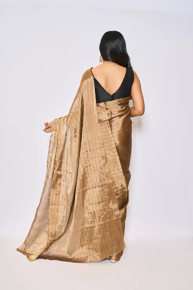Silver Gold Half And Half Stripe Tissue Saree