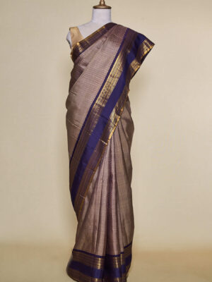 Tortilla And Wine Colour Blouse With Button Butti Kanchipuram Silk Saree