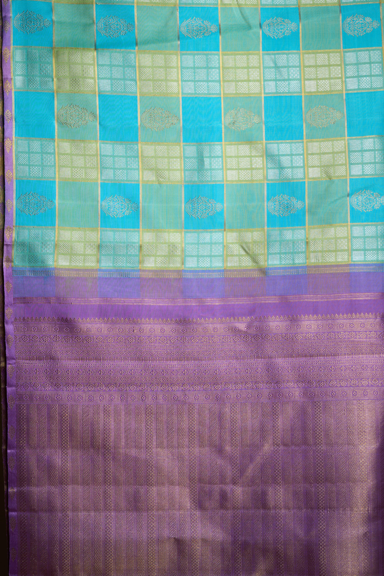 Tri Colour Chex Kanchipuram Silk Saree