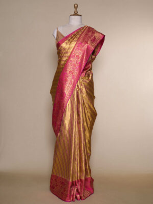 Tri Golden Bricks With Hot Pink Border Kanchipuram Silk Saree