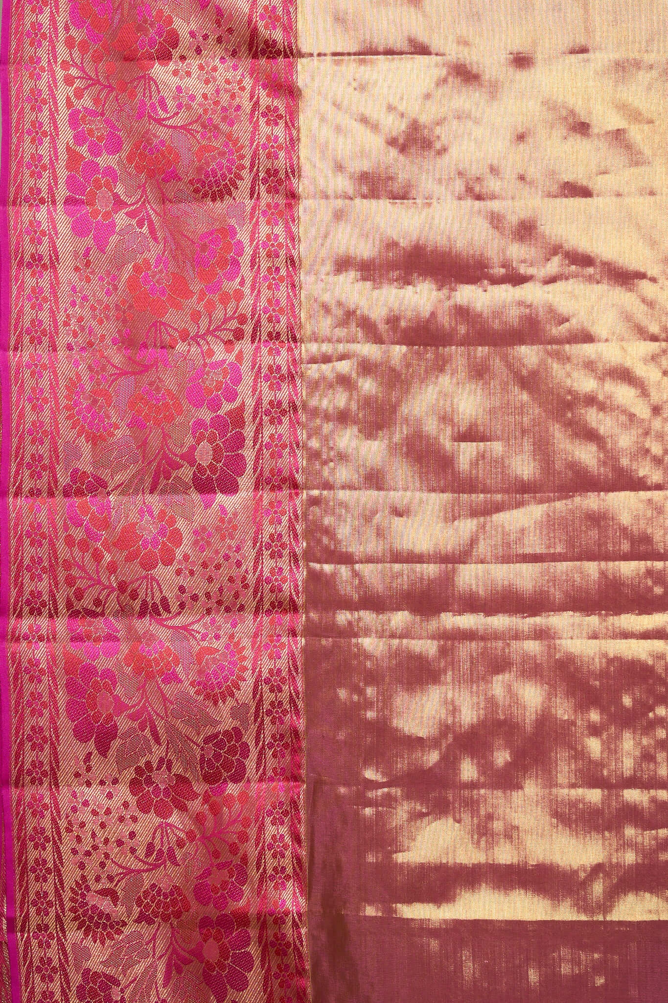 Tri Golden Bricks With Hot Pink Border Kanchipuram Silk Saree