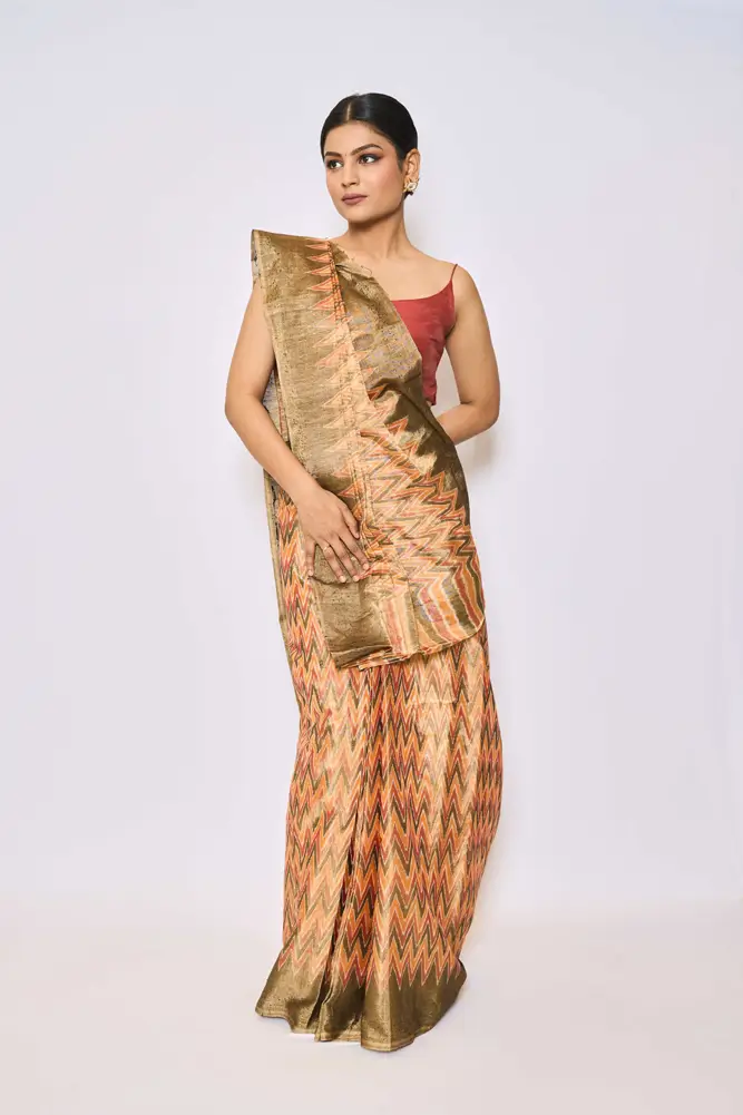 Tri Colour Zig Zac Tissue Saree