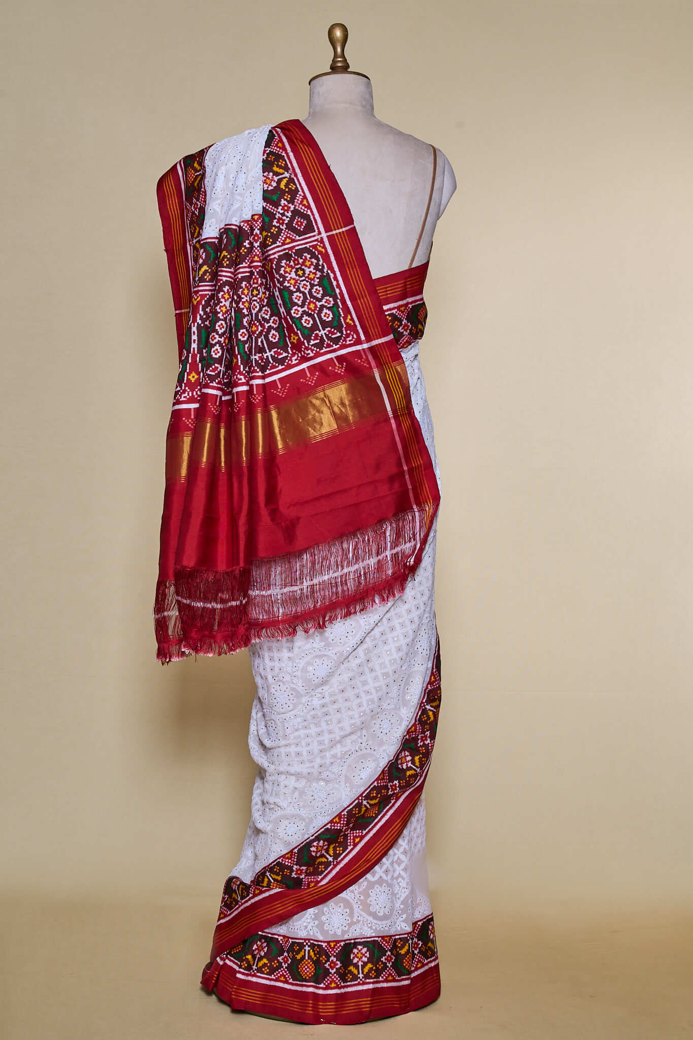 White Lucknowi With Mukesh And Real Patan Patol Maroon A Border Pallu Signature Saree