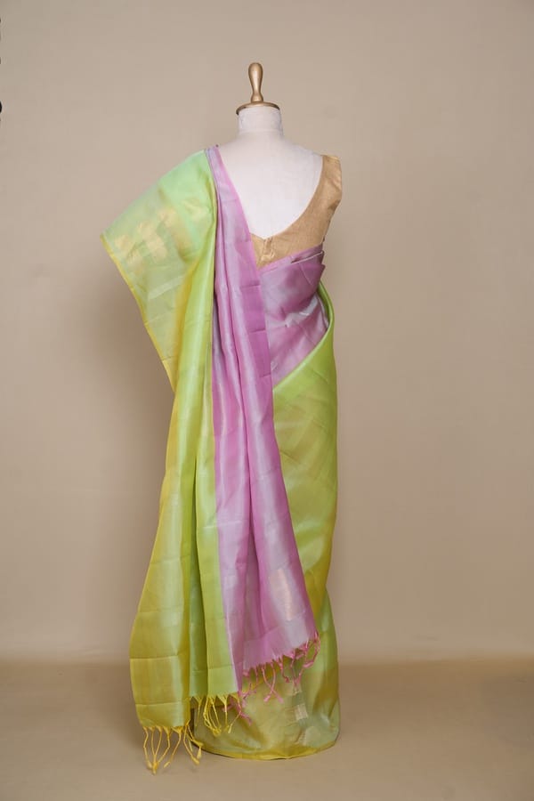 Baby Pink Lemon Tri Colour South Kora Silk Saree