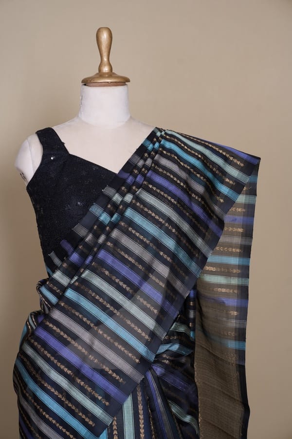 Black Multi Stripe South Kora Silk Saree