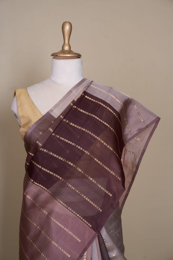 Brown Wine Tri Colour South Kora Silk Saree