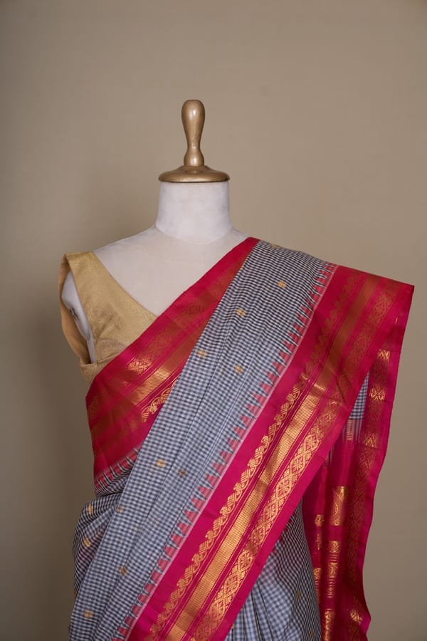 Black And White Chex With Pink Pallu Gadhwal Silk Saree