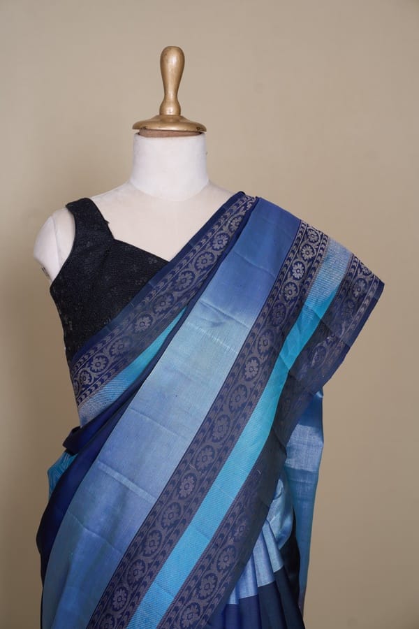 Dark Blue Rama Tri Colour South Kora Silk Saree
