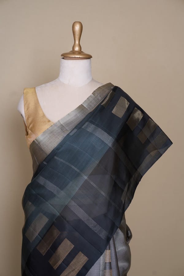 Black Grey Tri Color South Kora Silk Saree
