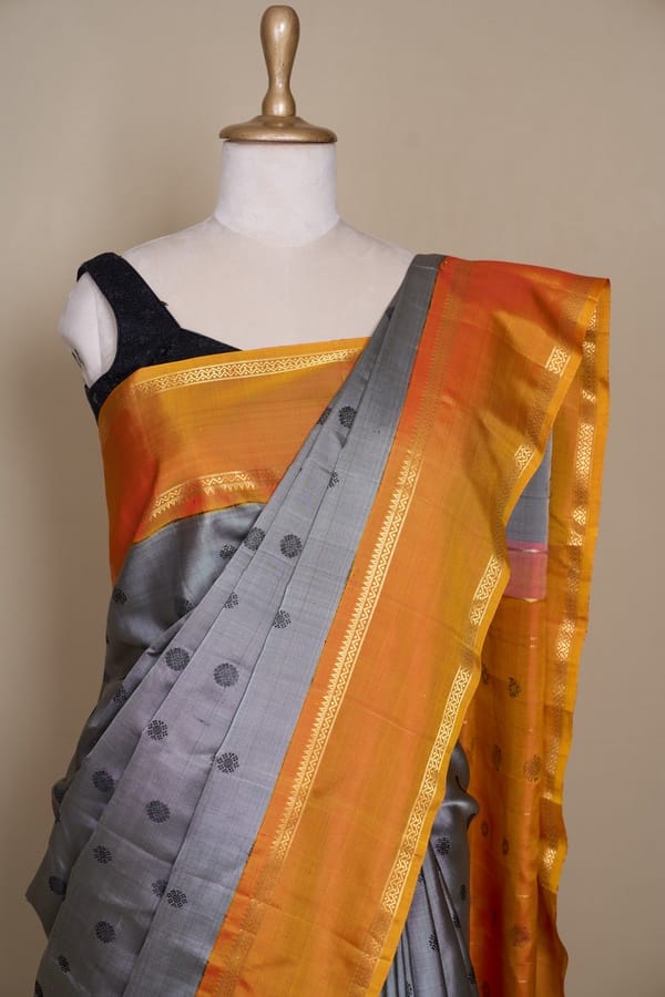 Grey With Black Butti Gadhwal Silk Saree