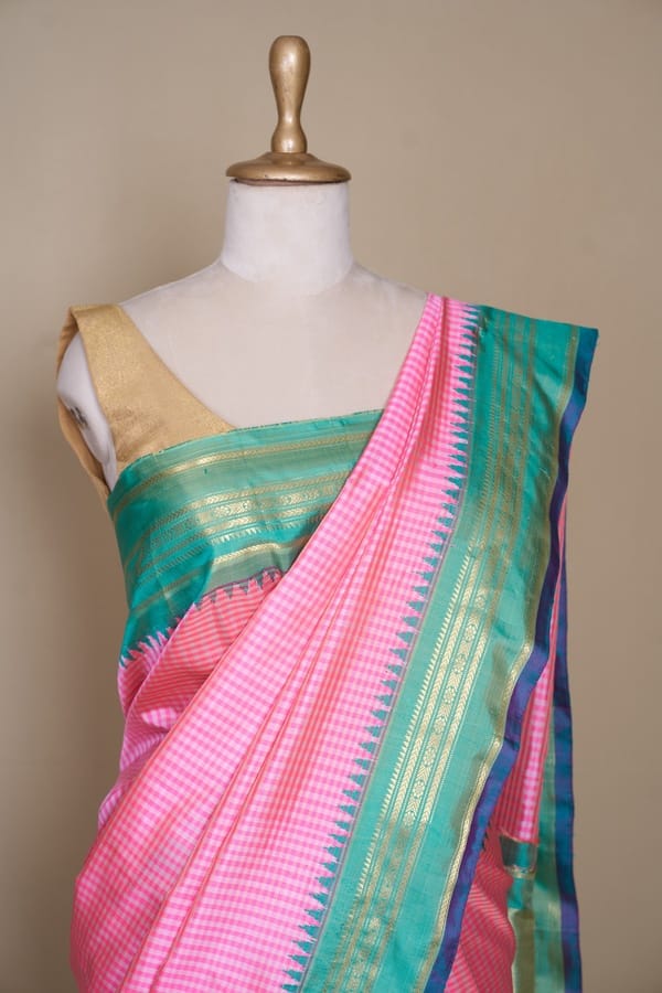 Neon Pink Chex Gadhwal Silk Saree
