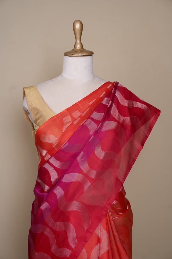 Orange Pink Tri Colour South Kora Silk Saree