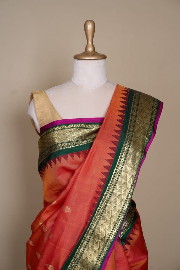 Tangerine Orange Gadhwal Silk Saree