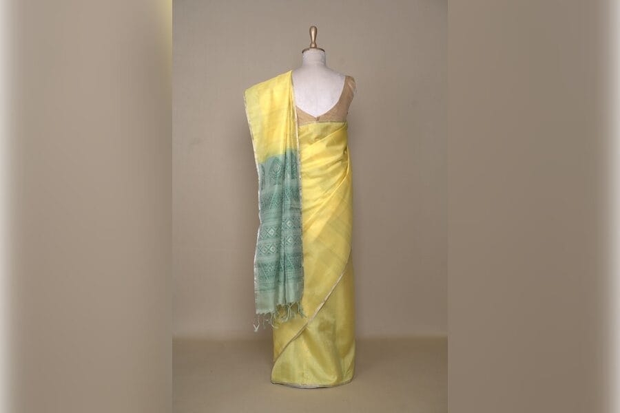 Yellow With Jade Green South Kora Silk Saree