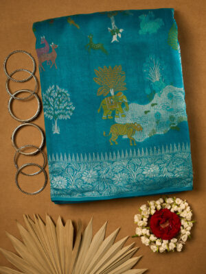 Dark turquoise Vantara Sikari raw Tussar saree