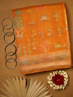 Fanta orange Vantara Sikari raw Tussar saree