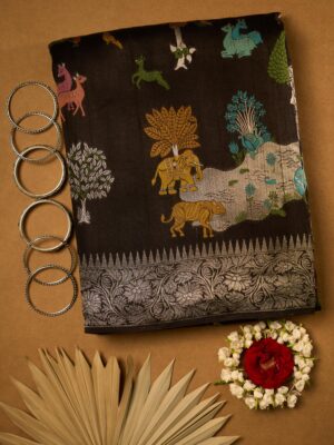Dark black Vantara Sikari raw Tussar saree