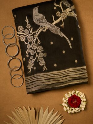 Zed black raw Tussar saree