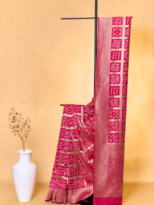 Deep pink Mysore Georgette woven Bandhani saree