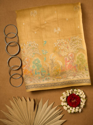 Short yellow raw Tussar saree