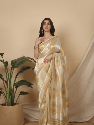 Gold silver Kanjivaram tissu with hand work signature saree