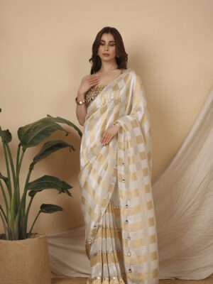 Gold silver chex pallu shoulder and stripe signature saree
