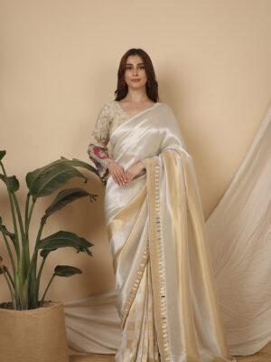 Gold silver stripe shoulder pallu and chex signature saree