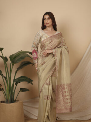 Gold pink with handwork ready to wear signature saree