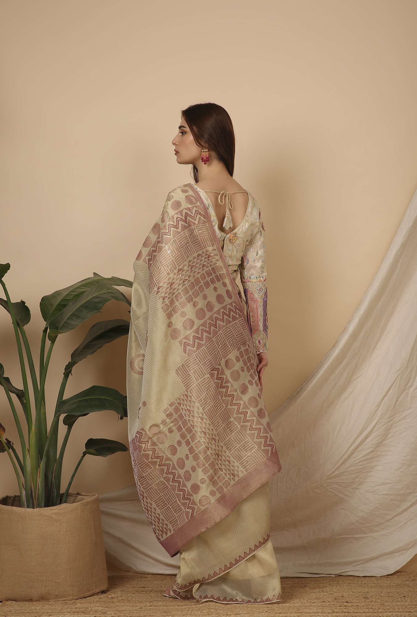 Gold pink with handwork ready to wear signature saree