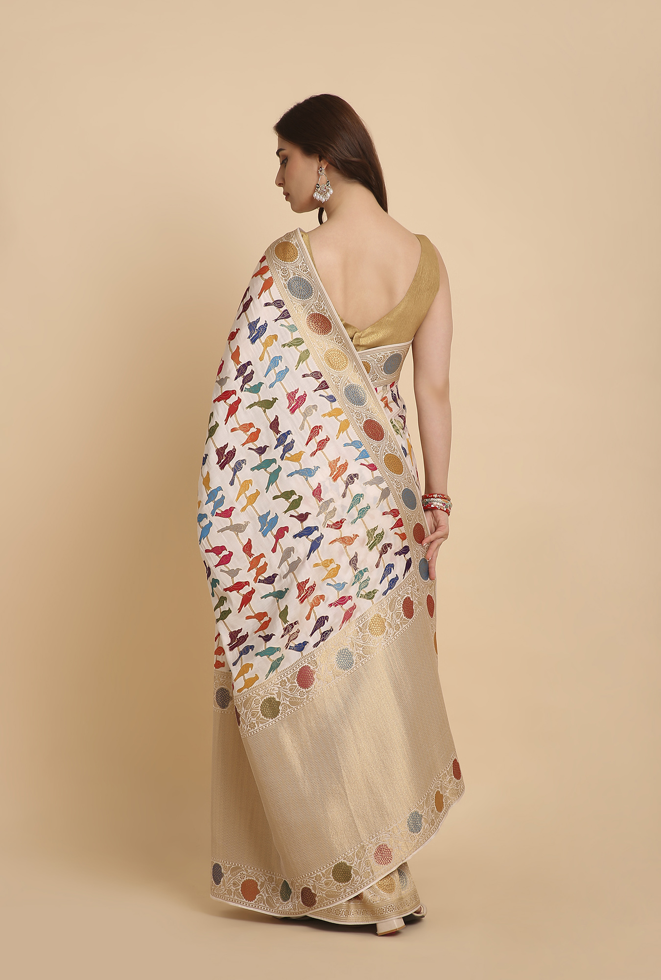 White with colourful birds Mashru silk saree