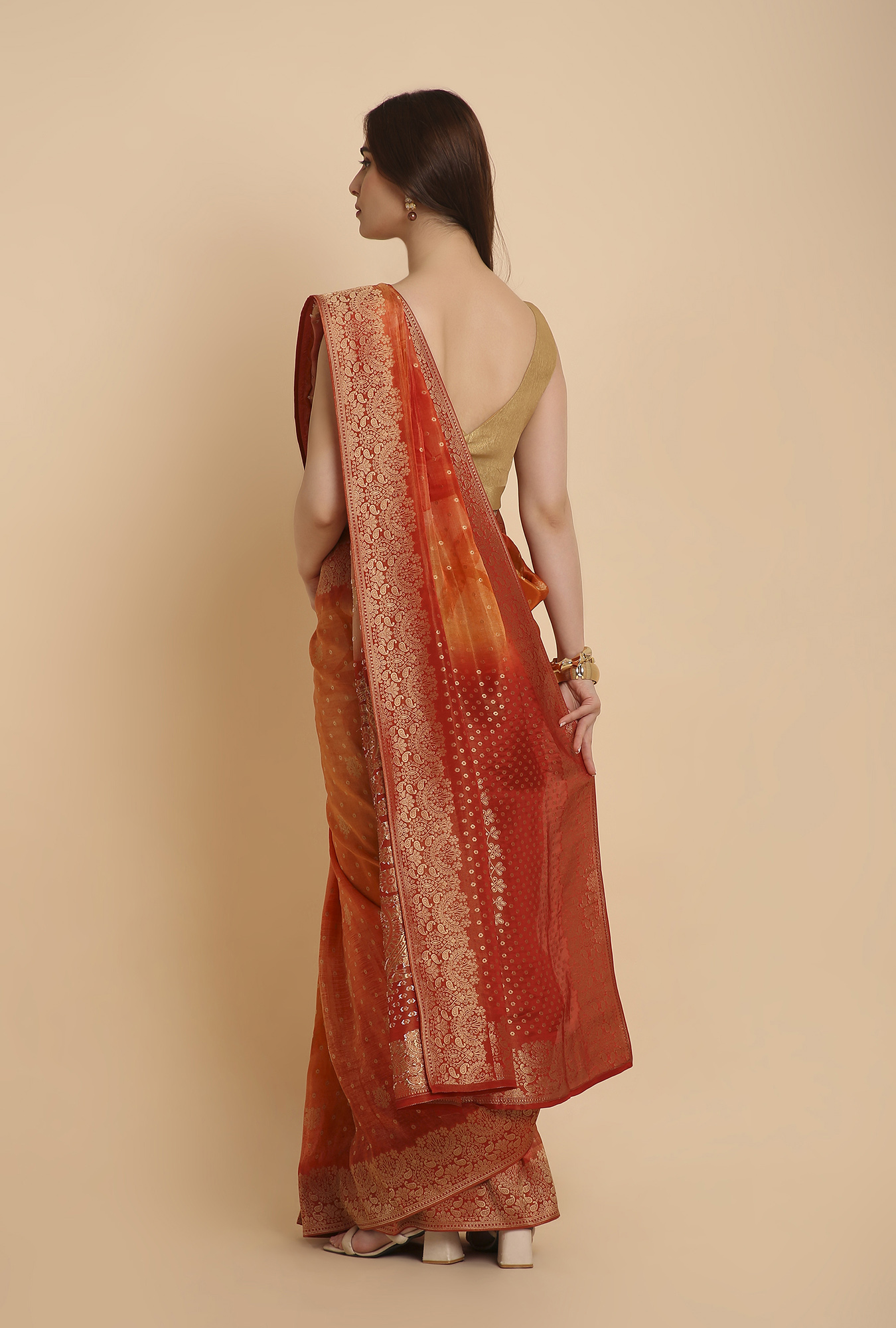 Rusty orange fancy tissu saree