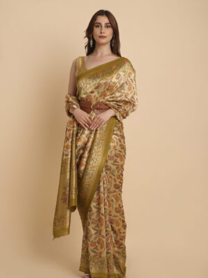 Golden with mehndi border fancy Rankat crape saree