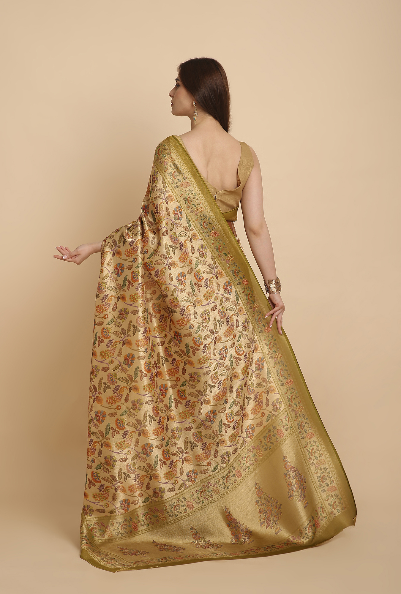 Golden with mehndi border fancy Rankat crape saree