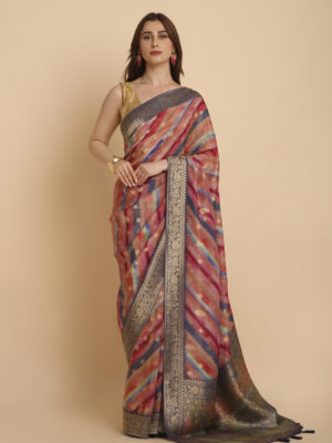Multi colour laheriya with blue border fancy tissu saree