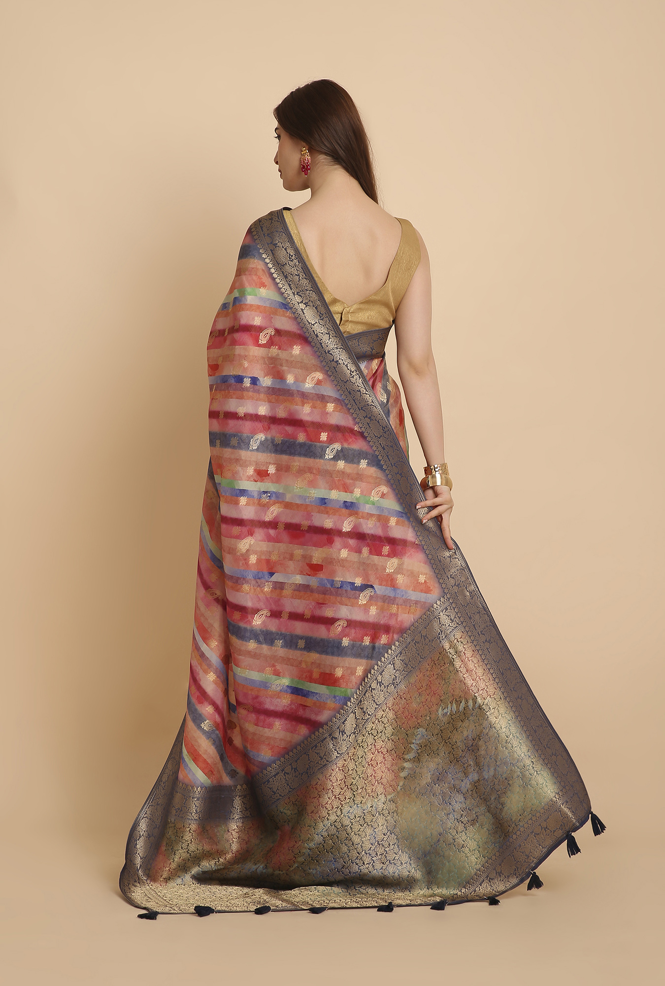 Multi colour laheriya with blue border fancy tissu saree